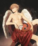  1boy angel_wings artist_name blonde_hair chainsaw chainsaw_man denji_(chainsaw_man) feathered_wings handle looking_to_the_side niroxin nude pochita_(chainsaw_man) pull_cord short_hair sitting topless_male white_wings wings 