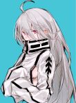  1girl ahoge breasts covered_mouth grey_hair hands_on_own_chest high_collar highres hikachil jacket laevateinn_(phantom_of_the_kill) long_hair long_sleeves phantom_of_the_kill red_eyes sideboob sketch sleeves_past_wrists solo upper_body white_jacket zipper 