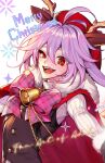  1boy ahoge androgynous animal_ears antlers brown_vest cape deer_ears fake_animal_ears fake_horns fangs fur-trimmed_cape fur_trim hajun_(hey_sangha) hat highres horns male_focus merry_christmas multicolored_hair nijou_ryuu open_mouth pink_hair purple_hair red_cape red_eyes reindeer_antlers saibou_shinkyoku santa_hat scar scar_on_face short_hair_with_long_locks smile solo split-color_hair sweater teeth turtleneck turtleneck_sweater vest white_sweater 