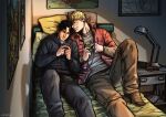 2boys bara bedroom black_hair blonde_hair blush brown_pants couple cris_art denim ear_piercing feet_out_of_frame game_link_cable heads_together holding holding_phone hood hoodie hulkling jeans layered_shirt male_focus marvel multiple_boys on_bed pants phone piercing pokemon poster_(object) short_hair sideburns sitting smile the_legend_of_zelda thick_eyebrows wiccan yaoi 