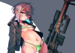  1girl ahoge bikini bikini_under_clothes bolt_action breasts cheytac_m200 food food_in_mouth girls&#039;_frontline grey_hair gun hair_between_eyes highres koyansuee m200_(girls&#039;_frontline) navel ponytail popsicle popsicle_in_mouth rifle short_hair side-tie_bikini_bottom simple_background small_breasts sniper_rifle swimsuit weapon 
