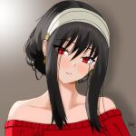  1girl black_hair blush dress earrings gold_earrings hairband jewelry long_hair looking_at_viewer off-shoulder_sweater off_shoulder open_mouth praaveeshraaj21 red_eyes red_sweater shadow simple_background spy_x_family sunlight sweater two-sided_dress two-sided_fabric white_hairband yor_briar 
