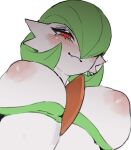  areola big_breasts blush breasts female gardevoir generation_3_pokemon humanoid looking_at_viewer nintendo nipples pokemon pokemon_(species) red_eyes simple_background solo white_background white_body yawar 