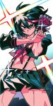  1girl 1other absurdres black_hair black_skirt fingerless_gloves gloves highres kill_la_kill looking_at_viewer margare matoi_ryuuko midriff miniskirt multicolored_hair pleated_skirt red_gloves red_hair senketsu skirt sparkle standing suspender_skirt suspenders 