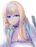  1girl absurdres alice_zuberg bed bed_sheet blonde_hair blue_eyes blue_ribbon breasts choker cleavage closed_mouth collarbone dress english_commentary eyelashes hair_intakes hairband hand_on_own_face highres large_breasts leg_up light_smile long_hair long_sleeves looking_at_viewer lying mixed-language_commentary on_bed on_stomach ribbon ribbon-trimmed_choker ribbon-trimmed_collar ribbon-trimmed_sleeves ribbon_trim sidelocks sigure_yusyo simple_background solo sword_art_online sword_art_online:_alicization upper_body white_background white_dress white_hairband 