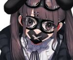  1girl aoishi_pachira brown_eyes brown_hair center_frills duct_tape earrings frills gag goggles goggles_on_head hair_ornament hairclip highres improvised_gag jacket jewelry lace_collar long_hair looking_at_viewer neck_ribbon original ribbon solo tape tape_gag twintails upper_body 