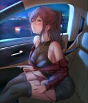  1girl armpit_crease bang_dream! bare_shoulders black_shirt black_skirt black_thighhighs blurry blurry_background blush breasts brown_hair car_interior car_seat chromatic_aberration cleavage closed_mouth commentary earrings feet_out_of_frame fingernails from_side furiousghafo green_eyes hair_between_eyes half-closed_eyes half_updo heart heart_necklace highres imai_lisa jewelry large_breasts leaning_forward long_hair long_sleeves looking_at_viewer looking_to_the_side miniskirt moonlight naughty_face necklace night nose_blush off_shoulder panties panty_pull pencil_skirt pendant pulled_by_self rabbit_earrings red_panties red_shirt seatbelt see-through shirt sideboob sidelocks sideways_glance sitting skirt skyline sleeveless sleeveless_shirt smirk solo string_panties striped striped_shirt thighhighs underwear vertical-striped_shirt vertical_stripes wavy_hair 