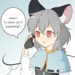  1girl absurdres animal_ear_fluff animal_ears artist_name capelet commentary corded_phone english_commentary english_text gradient_background grey_hair hand_up highres holding holding_phone jewelry light_blue_background mouse mouse_ears mouse_girl multicolored_background nazrin open_mouth pendant phone pun red_eyes rownou short_hair simple_background solo speech_bubble talking_on_phone touhou upper_body white_background 