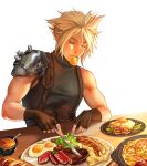  1boy absurdres armor blonde_hair bread brown_gloves closed_eyes cloud_strife couchrat earrings eating egg final_fantasy final_fantasy_vii fingerless_gloves food food_in_mouth fork gloves hair_between_eyes highres holding holding_fork holding_knife jewelry knife male_focus muscular muscular_male plate salad sausage short_hair shoulder_armor single_bare_shoulder single_earring sitting sleeveless sleeveless_turtleneck solo soup spiked_hair spoon steak table turtleneck upper_body white_background 