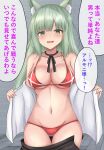 1girl absurdres animal_ear_fluff animal_ears arknights ass_visible_through_thighs bikini black_ribbon black_skirt blush breasts cat_ears cat_girl cleavage clothes_pull cowboy_shot green_eyes green_hair grey_background groin harmonie_(arknights) highres large_breasts long_hair looking_at_viewer magaasha navel neck_ribbon off_shoulder open_clothes open_mouth open_shirt red_bikini ribbon shirt simple_background skirt skirt_pull solo speech_bubble stomach swimsuit thigh_gap translation_request white_shirt 