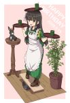  1girl ama_usa_an_uniform anko_(gochiusa) apron balancing balancing_on_head black_hair black_ribbon blunt_bangs blush boots breasts brown_footwear commentary_request crown cup dated flower frilled_apron frills gochuumon_wa_usagi_desu_ka? green_eyes green_kimono green_tea hair_flower hair_ornament hair_ribbon happy_birthday highres holding holding_tray japanese_clothes kimono long_hair looking_at_another looking_at_viewer maid_apron mini_crown mohei on_head on_table open_mouth outline pink_background plank plant polka_dot_trim potted_plant rabbit ribbon sidelocks sleeves_rolled_up small_breasts standing striped striped_kimono table tea tray ujimatsu_chiya vertical-striped_kimono vertical_stripes white_apron white_flower white_outline white_ribbon wooden_floor yunomi 
