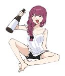  1girl :d alcohol bare_legs barefoot black_bow black_shorts bocchi_the_rock! bottle bow braid breasts camisole cleavage closed_eyes commentary_request danji_(danji_bang) dolphin_shorts drunk hair_bow highres hiroi_kikuri korean_commentary legs long_hair open_mouth purple_hair sharp_teeth shorts simple_background single_braid smile solo teeth toes white_background white_camisole 