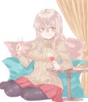  1girl alternate_costume az_toride black_pantyhose breasts brown_eyes brown_sweater cheese cup curtains drinking_glass food grey_hair kantai_collection medium_breasts pantyhose pillow plate pleated_skirt pola_(kancolle) red_skirt ribbed_sweater simple_background sitting skirt smile solo sweater table v wavy_hair white_background wine_glass yokozuwari 