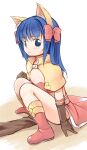 1girl animal_ear_fluff animal_ears bangs bikini bikini_top_only blue_eyes blue_hair blush boots bow brown_capelet brown_gloves capelet cat_ears closed_mouth commentary_request elbow_gloves emurin flat_chest frown full_body gloves hair_bow long_hair looking_at_viewer mage_(ragnarok_online) majiko_(emurin) pelvic_curtain ragnarok_online red_bikini red_bow red_footwear red_skirt showgirl_skirt skirt solo squatting star-shaped_pupils star_(symbol) swimsuit symbol-shaped_pupils 