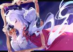  1girl absurdres alternate_costume blue_archive blush cloak crown demon_horns floating_hair from_side grey_hair halo highres hina_(blue_archive) holding holding_crown horns looking_at_viewer meunhongcha mini_crown picture_frame purple_eyes red_cloak shirt sideways_glance solo upper_body white_shirt 