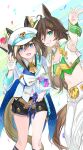  2girls :d ;) ahoge animal_ears arm_up black_shorts blue_eyes bouquet brown_hair cheval_grand_(umamusume) crop_top cropped_jacket green_eyes hair_ornament hairclip hat highres holding holding_bouquet horse_ears horse_girl jacket kik1 long_hair midriff mini_hat mini_top_hat mr._c.b._(umamusume) multicolored_hair multiple_girls navel one_eye_closed pants peaked_cap short_hair shorts single_sleeve smile streaked_hair top_hat umamusume white_headwear white_jacket white_pants 