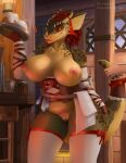  absurd_res anthro argonian barmaid bethesda_softworks big_breasts bodily_fluids bottomless breasts clothed clothing condom condom_decoration curvy_figure feather_hair feathers female genital_fluids genitals hi_res horn human innie_pussy legwear lifts-her-tail maid_uniform mammal merrunz multicolored_body narrowed_eyes nipples playful plump_labia pseudo_hair pussy pussy_juice scalie sexual_barrier_device slightly_chubby smile solo squint standing stockings sweetroll tail tail_grab tavern the_elder_scrolls thick_thighs tongue tongue_out two_tone_body uniform voluptuous wide_hips yellow_body 