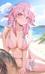  1girl bare_arms bare_shoulders bikini blue_eyes blue_sky breasts cleavage closed_mouth cloud cloudy_sky collarbone commentary day hair_between_eyes highres honkai:_star_rail honkai_(series) huge_breasts looking_at_viewer march_7th_(honkai:_star_rail) medium_hair mountainous_horizon multicolored_eyes navel ocean outdoors palm_tree pink_bikini pink_eyes pink_hair pulled_by_self sand side-tie_bikini_bottom sitting sky smile solo sooon stomach strap_pull swimsuit thigh_strap thighs tree 