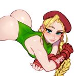  1girl ahoge aqua_eyes ass bare_shoulders beret blonde_hair blushyspicy braid cammy_white fingerless_gloves garrison_cap gloves green_eyes green_leotard hat highleg highleg_leotard huge_ahoge leotard long_hair looking_at_viewer parted_lips red_gloves red_headwear scar scar_on_cheek scar_on_face street_fighter street_fighter_ii_(series) thong_leotard twin_braids 