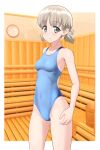 1girl absurdres aki_(girls_und_panzer) blue_one-piece_swimsuit blush breasts collarbone commentary_request competition_swimsuit cowboy_shot girls_und_panzer green_eyes groin highres light_brown_hair looking_at_viewer low_twintails one-piece_swimsuit sauna short_hair short_twintails small_breasts smile solo standing swimsuit takafumi thighs twintails two-tone_swimsuit variant_set 