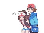  1boy 1girl baseball_cap black_hair blue_jacket brown_eyes brown_hair closed_eyes collarbone cowboy_shot denim denim_shorts hat highres hilbert_(pokemon) hilda_(pokemon) jacket kashima_momoki looking_at_viewer musical_note open_mouth pokemon pokemon_(game) pokemon_bw ponytail shirt shorts simple_background sleeveless sleeveless_shirt smile spoken_musical_note vest white_background 