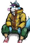  2019 animal_humanoid black_nose blue_body blue_fur bottomwear candy canid canine canis clothing dessert digital_drawing_(artwork) digital_media_(artwork) domestic_dog food footwear fur green_bottomwear green_clothing green_pants grin gum hat headgear headwear hi_res humanoid jacket looking_at_viewer male mammal monapic_chang one_eye_closed pants shoes simple_background sitting smile solo teeth topwear white_background white_body white_fur wink 