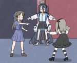  3girls aris_(blue_archive) black_bow black_bowtie black_hairband blue_archive blue_bow blue_dress blue_necktie boko_(girls_und_panzer) bow bowtie boxboy_kim brown_eyes brown_hair crossover dress girls_und_panzer green_halo hair_between_eyes hair_bow hair_ribbon hairband halo holding holding_stuffed_toy idolmaster idolmaster_cinderella_girls jacket light_brown_hair long_hair long_sleeves meme multiple_girls name_connection necktie one_side_up open_mouth pointing pointing_at_another pointing_spider-man_(meme) ribbon shimada_arisu shirt skirt smile stuffed_animal stuffed_toy suspender_skirt suspenders tachibana_arisu teddy_bear very_long_hair white_shirt 