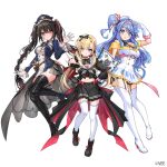  3girls amakomo_linon anshinin_misa black_footwear black_hair black_skirt blue_hair boots flag gloves iro_178 kanra_deity light_blue_hair low_twintails multicolored_hair multiple_girls official_art ponytail red_eyes skirt twintails vee_(vtuber) white_gloves 