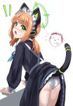  ! !! 1girl absurdres alternate_costume animal_ear_headphones animal_ears apron ass black_dress blue_archive blue_ribbon blush cat_ear_headphones cat_tail dress embarrassed enmaided fake_animal_ears from_behind green_eyes headphones highres inset ldl_(bcw1025) leaning_forward long_sleeves low_twintails maid maid_headdress mechanical_tail medium_hair midori_(blue_archive) neck_ribbon nose_blush open_mouth orange_hair panties ribbon sidelocks simple_background solo sweatdrop tail thighs twintails underwear white_apron white_background white_panties 