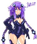  1girl blue_eyes braid breasts cleavage cleavage_cutout clothing_cutout covered_navel hair_ornament hand_on_own_hip kurozero leotard long_hair medium_breasts neptune_(series) power_symbol purple_hair purple_heart simple_background smile solo symbol-shaped_pupils twin_braids twintails very_long_hair white_background 