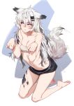  animal_ears arknights averting_eyes bare_arms barefoot black_shorts breasts closed_mouth collarbone feet feguimel full_body grey_eyes grey_hair hair_between_eyes hair_ornament hairclip highres kneeling lappland_(arknights) medium_breasts navel oripathy_lesion_(arknights) paw_pose scar scar_across_eye shorts tail wavy_mouth wolf_ears wolf_girl wolf_tail 