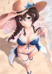  1girl arm_up beach bikini blue_bikini blue_eyes blue_flower blurry braid breasts brown_hair collarbone commentary_request day depth_of_field dress_shirt flower from_above front-tie_bikini_top front-tie_top hair_between_eyes hair_over_shoulder hat hat_flower highres k_jie kantai_collection long_hair looking_at_viewer medium_breasts navel ocean official_alternate_costume open_clothes open_shirt outdoors parted_lips pulled_by_self sandals shadow shigure_(kancolle) shigure_kai_san_(kancolle) shirt short_sleeves single_braid smile solo standing strap_pull straw_hat swimsuit toes wet wet_clothes wet_shirt white_shirt 