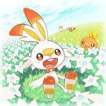  :d blue_sky blush brown_eyes cloud commentary_request day evolutionary_line field flower flower_field furret grass looking_at_viewer no_humans open_mouth outdoors pokemon pokemon_(creature) putto scorbunny sentret sitting sky smile teeth torchic upper_teeth_only white_flower 