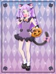  1girl absurdres animal_ears argyle argyle_background bare_shoulders bell black_footwear blue_eyes blush bow candy cat_ears cat_tail commentary_request cure_majesty dress ellee-chan food full_body halloween_bucket highres hirogaru_sky!_precure holding holding_candy holding_food holding_lollipop jingle_bell lollipop long_hair looking_at_viewer mameshiba_(pixiv_59310) neck_bell pink_bow precure purple_dress purple_hair sleeveless sleeveless_dress socks solo standing swirl_lollipop tail tail_bow tail_ornament tongue tongue_out two_side_up very_long_hair white_socks wrist_cuffs 