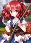  1girl blue_dress blurry blurry_background dress hair_bobbles hair_ornament highres holding holding_scythe one-hour_drawing_challenge onozuka_komachi puffy_short_sleeves puffy_sleeves red_eyes red_hair ruu_(tksymkw) sash scythe shirt short_sleeves short_twintails touhou twintails white_shirt 