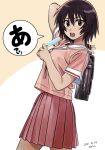  1girl :o arm_up artist_name azumanga_daioh azumanga_daioh&#039;s_school_uniform bag black_eyes blush breasts brown_background brown_bag brown_hair circle commentary cowboy_shot dark-skinned_female dark_skin dated error food from_side hair_between_eyes highres kagura_(azumanga_daioh) large_breasts long_bangs looking_at_viewer looking_to_the_side marker_(medium) nabeta_(currynabe) neck_ribbon open_mouth over_shoulder pink_ribbon pink_serafuku pink_shirt pleated_skirt popsicle red_skirt ribbon sailor_collar school_bag school_uniform serafuku shirt short_sleeves signature skirt speech_bubble teeth traditional_media translated two-tone_background upper_teeth_only walking white_background white_sailor_collar winter_uniform 