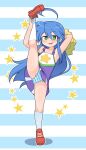  1girl :3 :d ahoge armpits blue_background blue_hair blue_panties blush cameltoe cheerleader commission highres holding holding_own_leg holding_pom_poms izumi_konata kaz_(shade) long_hair looking_at_viewer lucky_star mole mole_under_eye outline panties pom_pom_(cheerleading) red_footwear second-party_source simple_background smile solo split standing standing_on_one_leg standing_split star_(symbol) striped striped_background striped_panties underwear white_background white_outline white_panties 