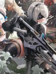  2b_(nier:automata) 2girls a2_(nier:automata) android backlighting bare_shoulders black_blindfold black_dress black_footwear black_hairband black_thighhighs blindfold blue_eyes boots breasts closed_mouth dress elbow_gloves facing_viewer feather-trimmed_sleeves feather_trim gloves grass grey_hair gun hair_between_eyes hairband highres holding holding_gun holding_weapon impossible_clothes joints juliet_sleeves large_breasts leotard light_particles long_hair long_sleeves looking_afar lunar_tear multiple_girls nier:automata nier_(series) pod_(nier:automata) puffy_long_sleeves puffy_sleeves robot_joints shiny_footwear short_hair skindentation thick_thighs thigh_boots thighhighs thighs toned trigger_discipline vambraces weapon white_hair white_leotard yoracrab 