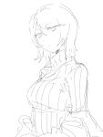  1girl breasts closed_mouth faust_(project_moon) greyscale highres ivy_(675671) jacket large_breasts limbus_company looking_at_viewer monochrome oekaki off_shoulder project_moon ribbed_sweater short_hair solo sweater 