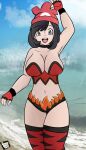  beach big_breasts black_hair breasts choker clothing cloud cosplay female fingerless_gloves generation_7_pokemon gesture gloves grey_eyes hair handwear hat headgear headwear hi_res human incineroar incineroar_(cosplay) jewelry legwear lingerie mammal necklace nintendo pokemon pokemon_(species) rhode_arts sea seaside selene_(pokemon) smile smiling_at_viewer solo solo_focus stockings stripes water waving waving_at_viewer 