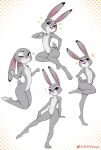  absurd_res anthro buckteeth disney exclamation_point female flat_chested fur genitals grey_body grey_fur hi_res judy_hopps lagomorph leporid looking_at_viewer mammal nude one_eye_closed purple_eyes pussy rabbit signature simple_background smile star teeth w4g4 zootopia 