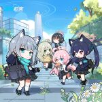  5girls absurdres ahoge album_cover animal_ear_fluff animal_ears ayane_(blue_archive) bag black_footwear black_gloves black_hair blue_archive blue_eyes blue_hair blue_scarf blue_sky bread bread_slice building cat_ears chibi company_name copyright_name cover cross_hair_ornament day extra_ears fang flower food foreclosure_task_force_(blue_archive) gloves green_eyes grey_hair hair_ornament halo heterochromia highres holding holding_bag holding_food hoshino_(blue_archive) id_card kneehighs long_hair looking_at_viewer multiple_girls nonomi_(blue_archive) official_art orange_eyes outdoors pink_hair plaid plaid_skirt pleated_skirt red-framed_eyewear red_eyes scarf school_uniform serika_(blue_archive) shiroko_(blue_archive) short_hair skin_fang skirt sky socks stairs standing twintails white_flower wolf_ears 