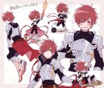  1boy armor blush bomb chibi closed_mouth explosive highres holding holding_sword holding_weapon kajiyama_fuuta kao_ru05 looking_at_viewer male_focus milgram multicolored_background open_mouth pink_background red_eyes red_hair short_hair solo sword translation_request weapon yellow_background 