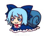  1girl blue_bow blue_dress blue_eyes blue_hair bow chibi cirno closed_mouth collared_shirt commentary dress english_commentary full_body fumo_(doll) hair_bow large_bow neck_ribbon pinafore_dress red_ribbon ribbon shirt simple_background skullchimes sleeveless sleeveless_dress smile snail_girl solo touhou v-shaped_eyebrows white_background white_shirt 