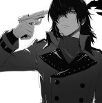  1boy aragaki_shinjirou closed_mouth coat evoker greyscale gun gun_to_head hair_between_eyes hair_over_one_eye handgun holding holding_gun holding_weapon isa_(peien516) long_sleeves looking_at_viewer male_focus monochrome persona persona_3 simple_background solo sweater turtleneck turtleneck_sweater upper_body weapon 