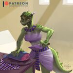  1:1 2023 5_fingers anthro argonian artist_name bethesda_softworks clothed clothing deeja digital_media_(artwork) female fingers fish furniture horn inside kevinsano knife marine patreon patreon_logo scalie signature solo table tail text the_elder_scrolls url 
