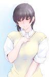  1girl amagami black_hair blush breasts commentary_request highres kibito_high_school_uniform long_bangs long_hair looking_at_viewer medium_breasts open_mouth parted_lips ponytail sasaki_akira_(ugc) school_uniform shirt simple_background solo sweater_vest tsukahara_hibiki 