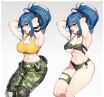  abs armband arms_up bikini blue_eyes blue_hair camouflage camouflage_pants dog_tags gloves green_bikini hands_in_hair highres leona_heidern muscular muscular_female pants ponytail skindentation swimsuit the_king_of_fighters toned whysoblau 