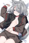  1girl absurdres animal_ear_fluff animal_ears black_nails black_panties black_shirt blue_eyes breasts brown_jacket brown_skirt grey_hair grin hair_over_one_eye hand_on_own_stomach highres jacket kurousagi_tetora long_sleeves looking_at_viewer lying miniskirt no_bra on_back open_clothes open_jacket open_shirt open_skirt original panties pleated_skirt redrawn shirt short_hair skirt small_breasts smile tail underwear wolf_ears wolf_girl wolf_tail 