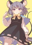  1girl absurdres animal_ear_fluff animal_ears black_dress blue_capelet blush capelet closed_mouth dress e_sdss feet_out_of_frame fingernails grey_hair highres jewelry long_sleeves mouse_ears mouse_tail nazrin pendant red_eyes short_hair simple_background smile solo tail touhou yellow_background 